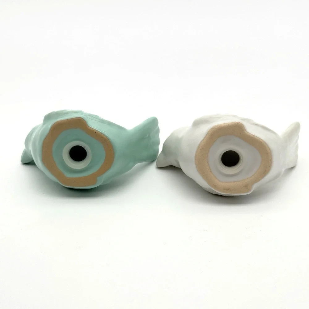 Set of White Blue Bird Salt Pepper Shakers Chickadees Glazed Ceramic